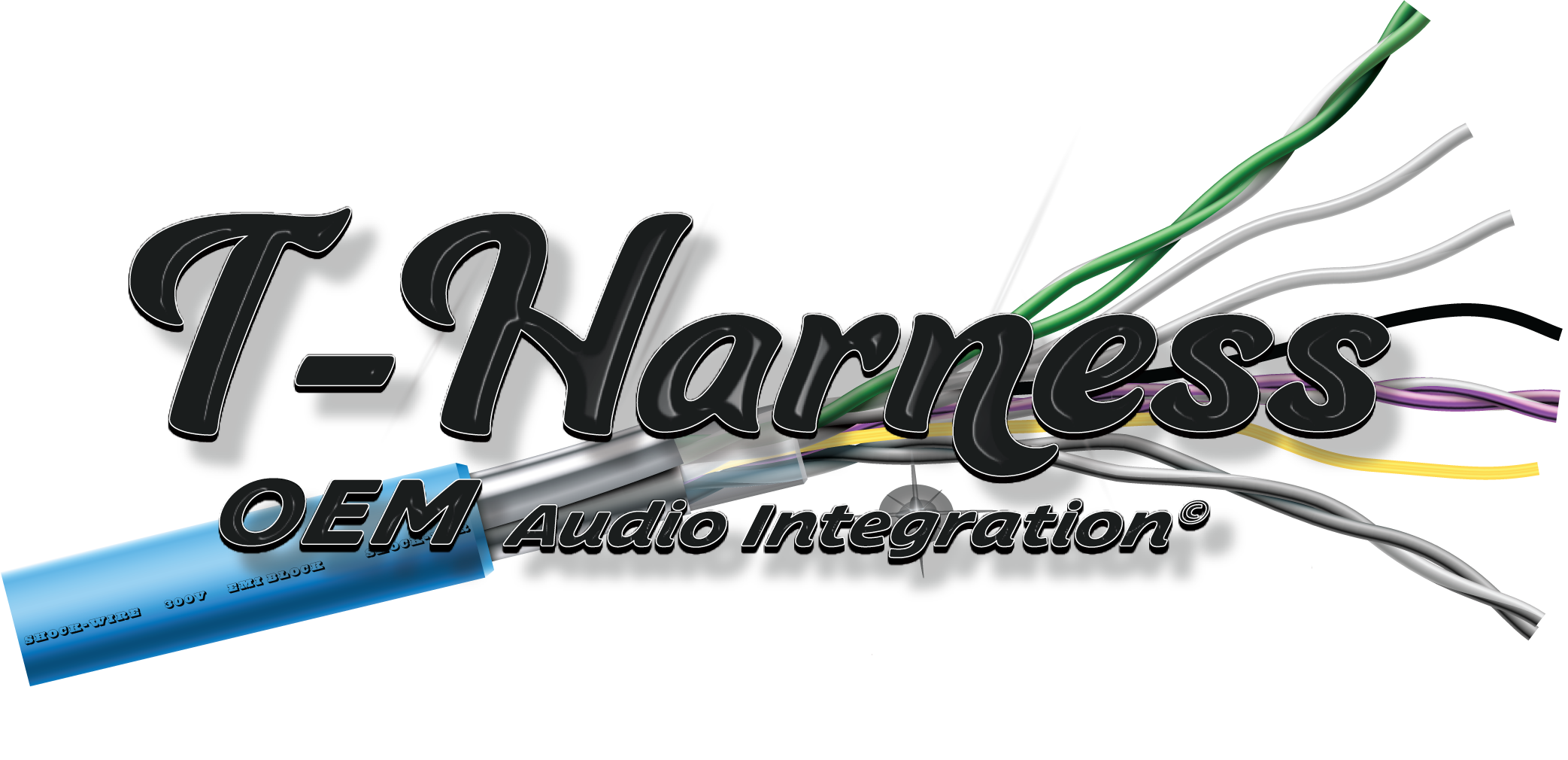 a logo depicting our shock wire bundle in a blue wire logo with T-harness oem audio integration in black